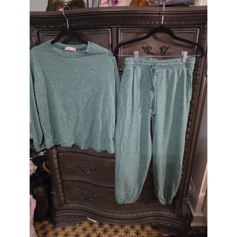 Zenana Womens Lounge Set Green Heathered Knit Top Joggers HT-2390 Small